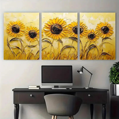 3pcs Vibrant Sunflower Yellow Floral Impasto Metal Print Ready to Hang Art