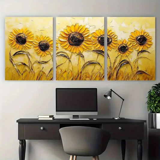 3pcs Vibrant Sunflower Yellow Floral Impasto Metal Print Ready to Hang Art