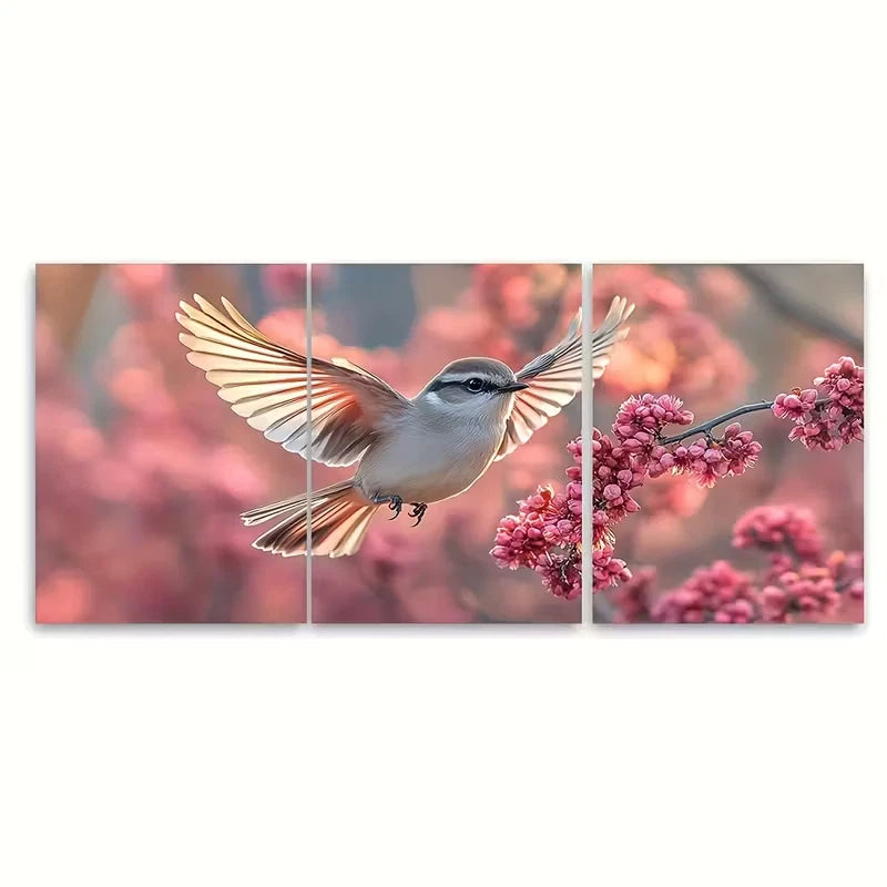 3pcs Bird Flying to Pink Branches Metal Print Ready to Hang Art
