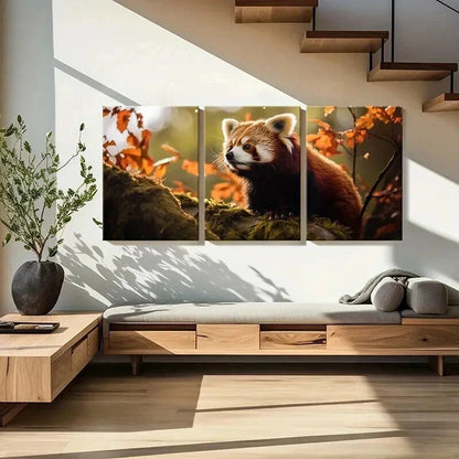 3pcs Cute Red Panda on a Red Leaved Tree Wall Art Set Canvas Framed 40x60cm - High Quality Print 100% Australian Made Wall Canvas Ready to Hang