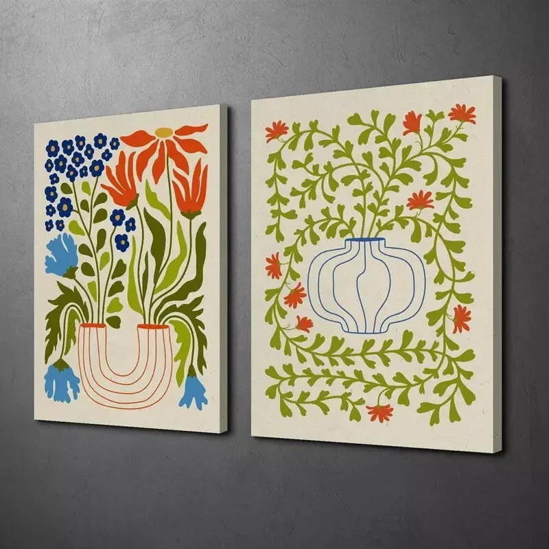 2pcs Decorative Painting, Potted Plants, Retro Abstract Canvas Framed 50x75cm - High Quality Print 100% Australian Made Wall Canvas Ready to Hang
