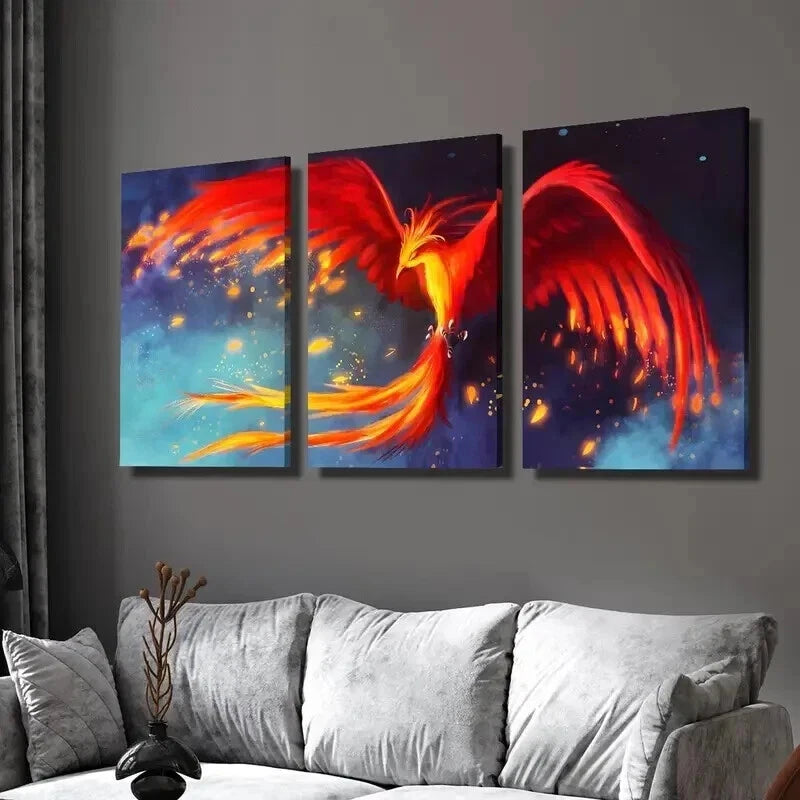 3pcs Mythical Red And Orange Phoenix Bird Wall Art Set Canvas Framed 40x60cm - High Quality Print 100% Australian Made Wall Canvas Ready to Hang
