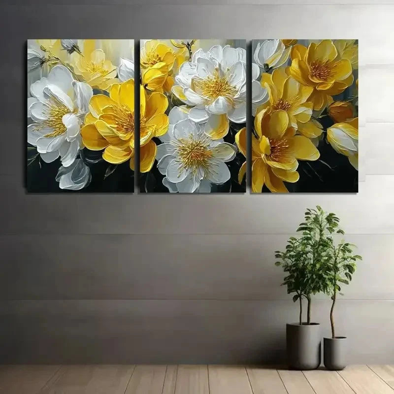 3pcs Oil Painting of Yellow and White Flowers Metal Print Ready to Hang Art