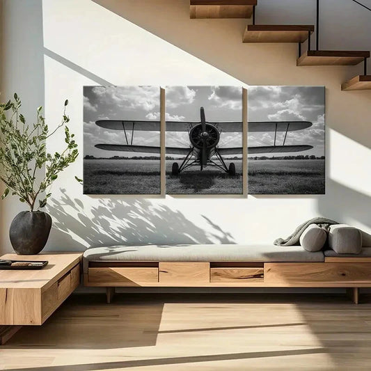 3pcs Black & White Plane Print with Cloudy Sky Metal Print Ready to Hang Art