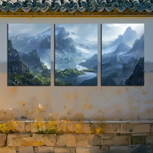 3pcs Mountain Peaks and Lake Surface Illustration Metal Print Ready to Hang Art