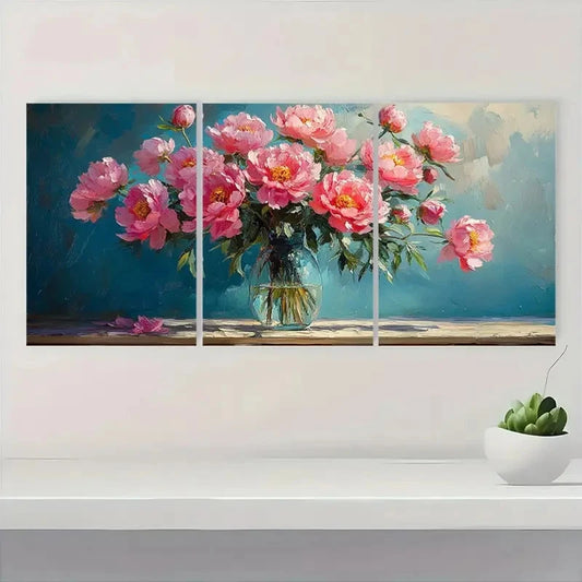 3pcs Pink Peonies Textured Bouquet Vase Perfect Wall Art Set Canvas Framed 40x60cm - High Quality Print 100% Australian Made Wall Canvas Ready to Hang
