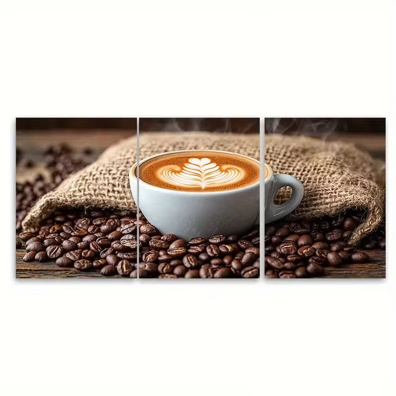 3pcs Latte Art on Coffee Sack Surrounded by Beans Metal Print Ready to Hang Art