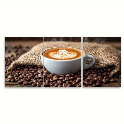 3pcs Latte Art on Coffee Sack Surrounded by Beans Metal Print Ready to Hang Art