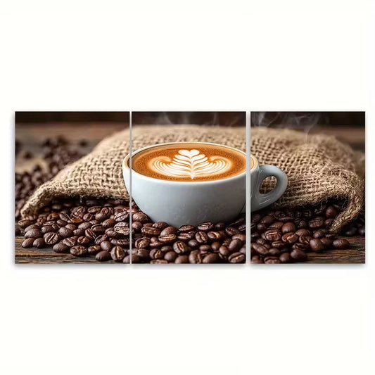 3pcs Latte Art on Coffee Sack Surrounded by Beans Metal Print Ready to Hang Art
