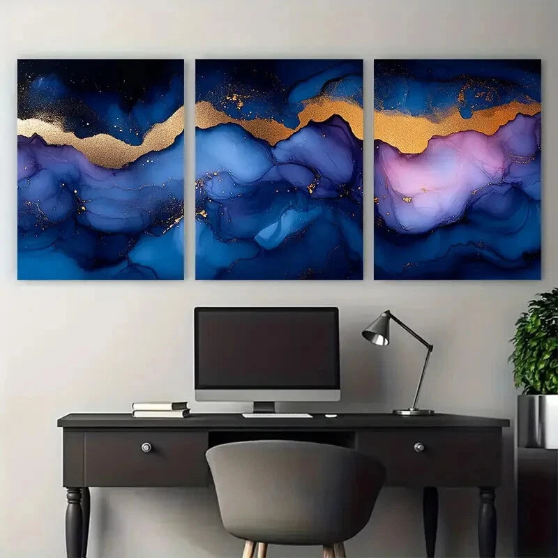 3pcs Abstract Marbling in Blue Purple Golden Metal Print Ready to Hang Art