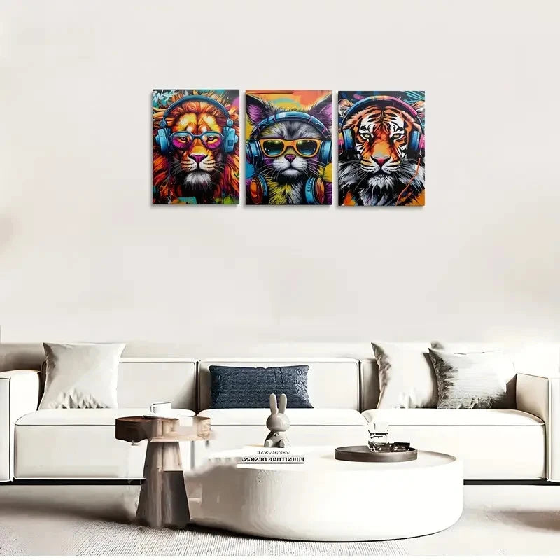 3pcs Vibrant Graffiti Animals Lions & Tigers Metal Print Ready to Hang Art