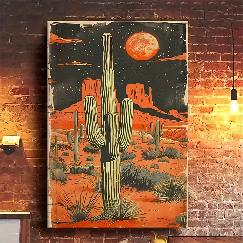Desert Cactus Under Blood-Red Moon Portrait 60x90cm Home Decor Wall Print Art