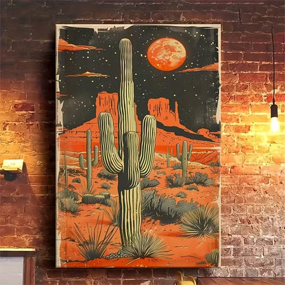 Desert Cactus Under Blood-Red Moon Portrait 60x90cm Home Decor Wall Print Art