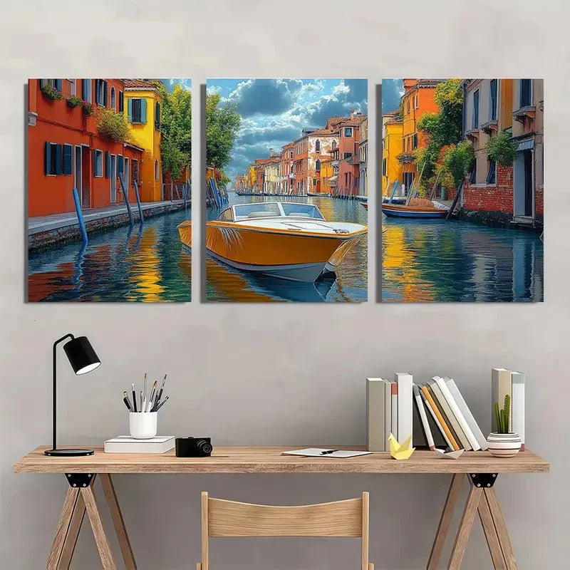 3pcs Venice Canal Colorful Waterfront Perfect Wall Art Set Canvas Framed 40x60cm - High Quality Print 100% Australian Made Wall Canvas Ready to Hang