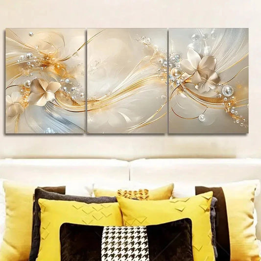 3pcs Golden and Beige Swirls Classic Style Metal Print Ready to Hang Art