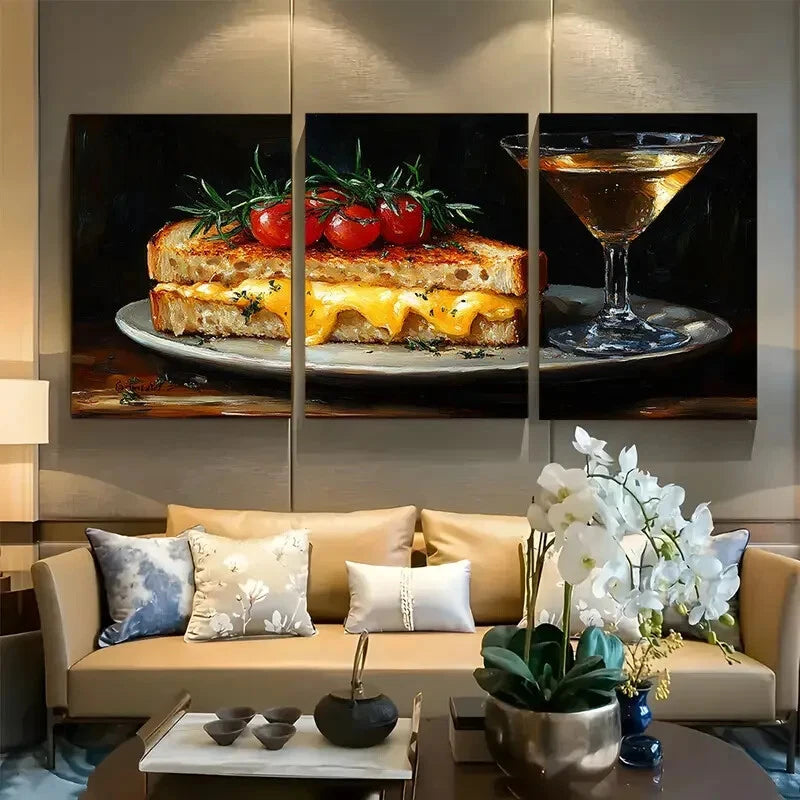 3pcs Grilled Cheese Sandwich and Martini Metal Print Ready to Hang Art