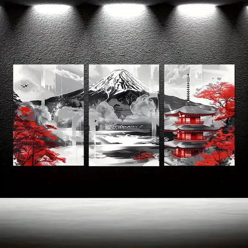 3pcs Mount Fuji and Red Temple Japanese Canvas Framed 60X90cm - High Quality Print 100% Australian Made Wall Canvas Ready to Hang