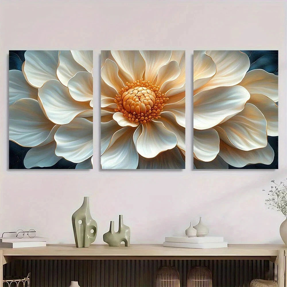 3pcs Elegant White Daisy Golden Metal Print Ready to Hang Art