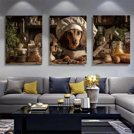 3pcs Funny Dog Chef Cute Animal Cooking Theme Metal Print Ready to Hang Art