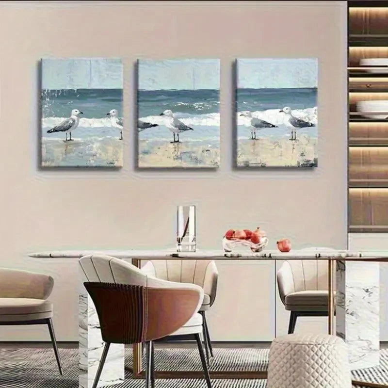3pcs Stylish Seaside Bird Scene with Ocean Waves Metal Print Ready to Hang Art