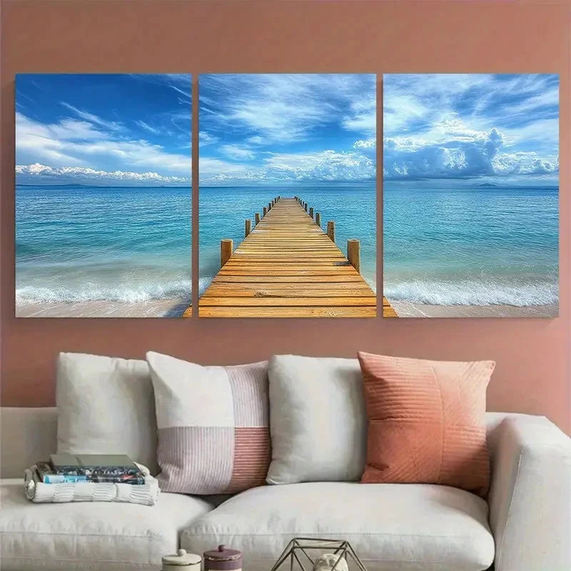 3pcs Beach Pier Blue Skies Design Metal Print Ready to Hang Art