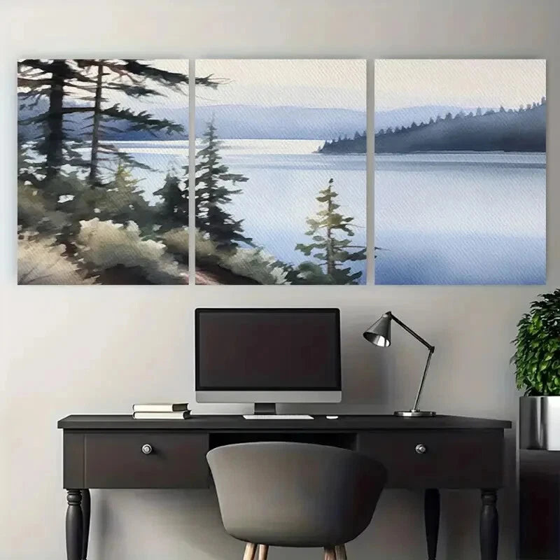 3pcs Lake Nature Water Trees River Illustration Metal Print Ready to Hang Art