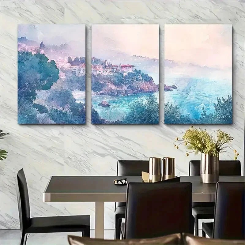 3pcs French Riviera in Morning Mist Coastal Metal Print Ready to Hang Art