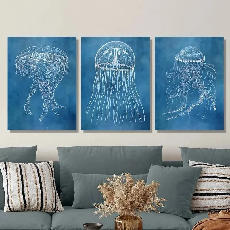 3pcs Modern Luxury Mordai Blue, Classic Metal Print Ready to Hang Art