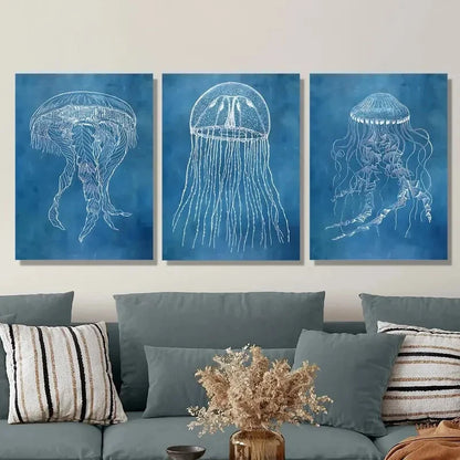 3pcs Modern Luxury Mordai Blue, Classic Metal Print Ready to Hang Art