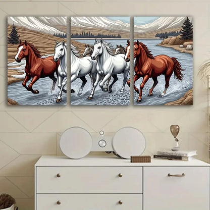 3pcs Dynamic Running Horses In A River Poster Wall Art Set Canvas Framed 40x60cm - High Quality Print 100% Australian Made Wall Canvas Ready to Hang