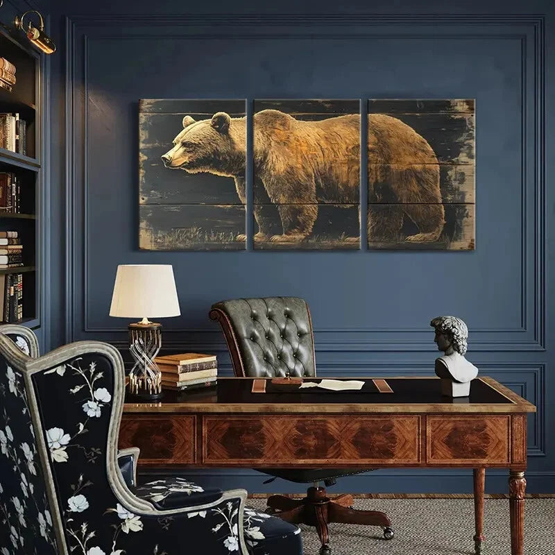 3pcs Bear Wood Texture Natural Scene Animal Metal Print Ready to Hang Art