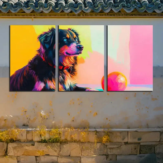 3pcs Colorful Dog and Ball Illustration Metal Print Ready to Hang Art