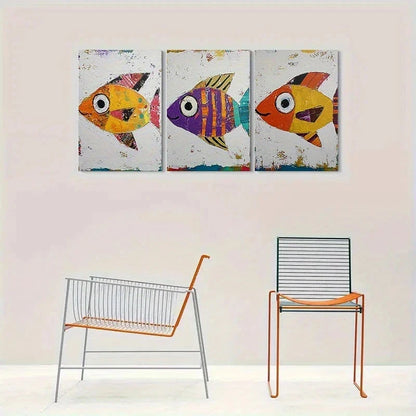 3pcs Colorful Fish Modern Abstract Painting Metal Print Ready to Hang Art