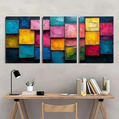 3pcs Abstract Colorful Block Oil Painting Metal Print Ready to Hang Art