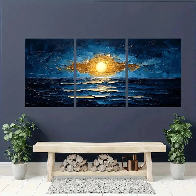 3pcs Abstract Blue & Golden Textured Artwork Metal Print Ready to Hang Art