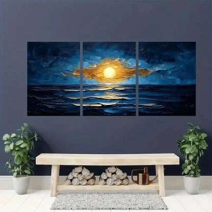 3pcs Abstract Blue & Golden Textured Artwork Metal Print Ready to Hang Art