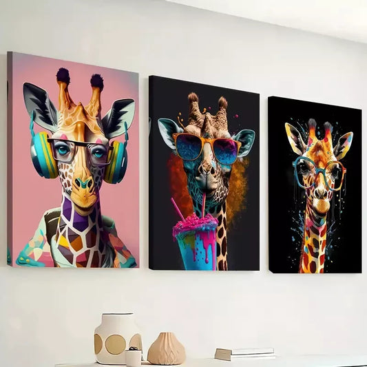 3pcs stylish giraffe - animal paintings graffiti Wall Art Set Canvas Framed 40x60cm - High Quality Print 100% Australian Made Wall Canvas Ready to Hang
