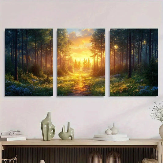 3pcs Forest Sunset Serene Nature Trail Scene Metal Print Ready to Hang Art