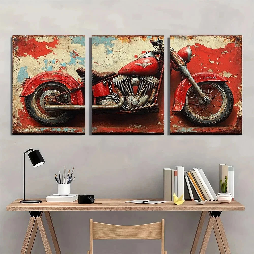 3pcs Motorcycle Red Themed Vintage Metal Print Ready to Hang Art