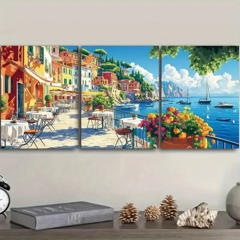 3pcs Colorful Vibrant Italian Town Scene Metal Print Ready to Hang Art