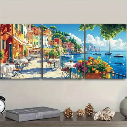 3pcs Colorful Vibrant Italian Town Scene Metal Print Ready to Hang Art