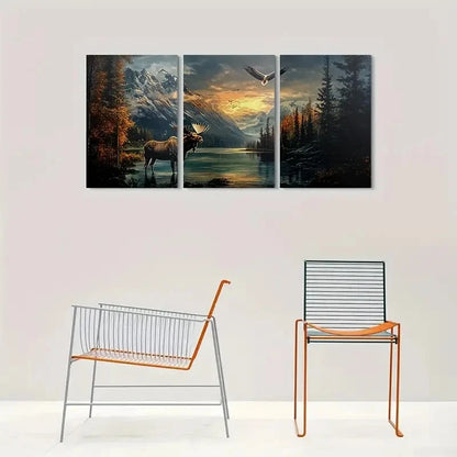 3pcs Mountains Serene Lakeside Moose Eagle Metal Print Ready to Hang Art