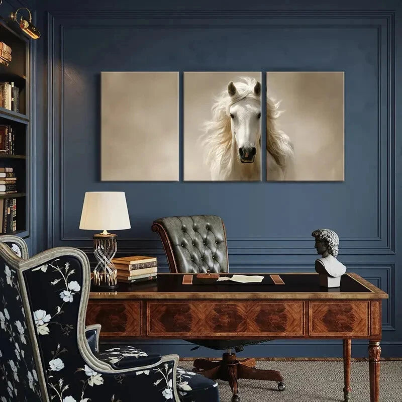 3pcs White Horse Art Elegant Mane Soft Lighting Metal Print Ready to Hang Art