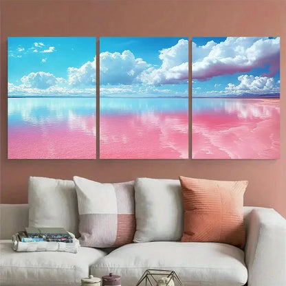 3pcs Vibrant Pink Salt Lake Illustration Metal Print Ready to Hang Art