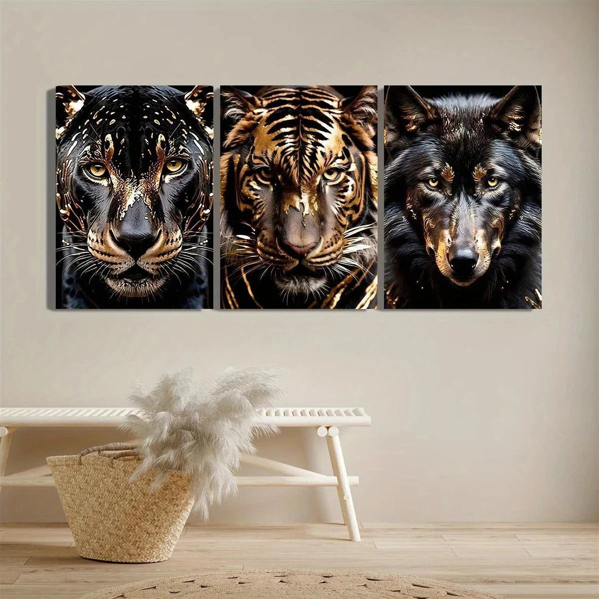 Triptych wall art of a panther, tiger, and wolf on a neutral wall.