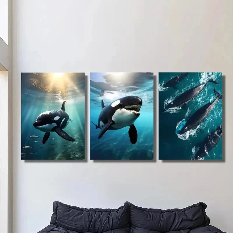 3pcs ,Fish Animal Theme, Ink Painting, Metal Print Ready to Hang Art