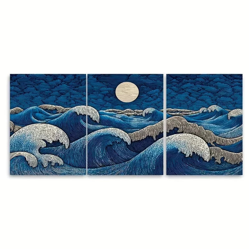 3pcs Moonlit Tides Mystical Wave Ocean Wall Art Set Canvas Framed 60x90cm – High Quality Print 100% Australian Made Wall Canvas Ready to Hang