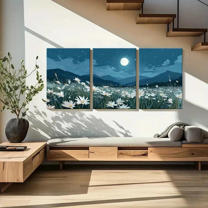 3pcs White Daisies Starry Sky Mountain Scenery Metal Print Ready to Hang Art
