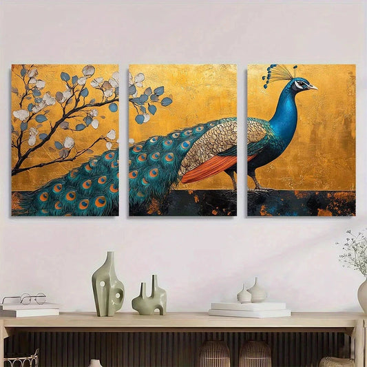 3pcs Retro Peacock Butterflies Geometric Metal Print Ready to Hang Art