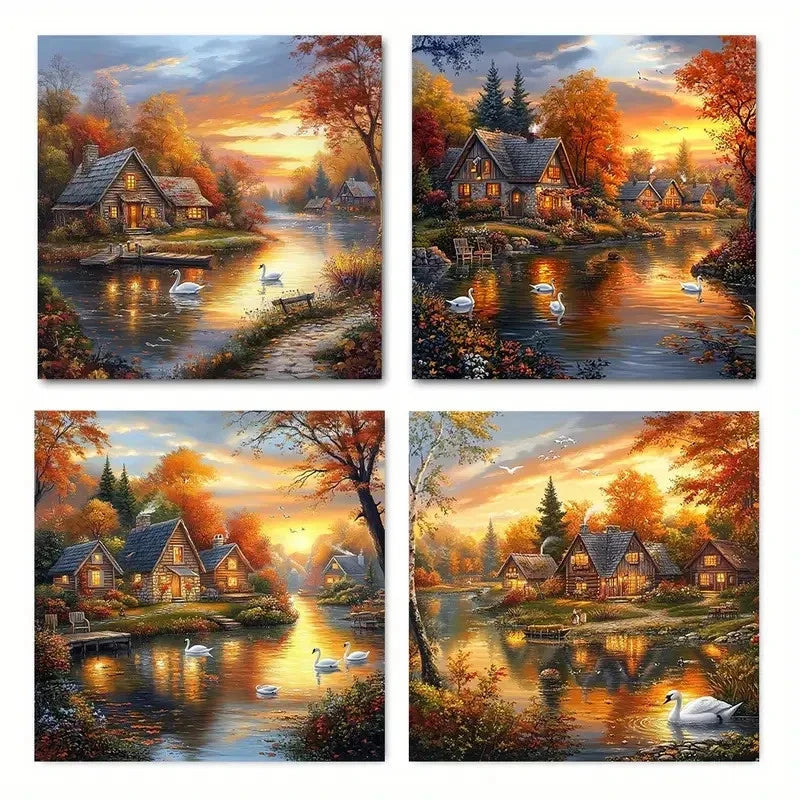 4pcs Boat Duck Hut LandscapeWall Art Canvas Framed
